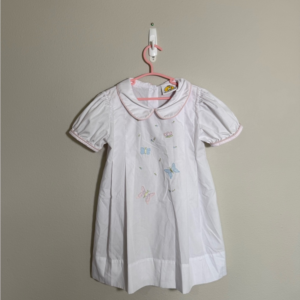 Light Pink Girls' Butterfly Embroidered Dress with Pink Trim